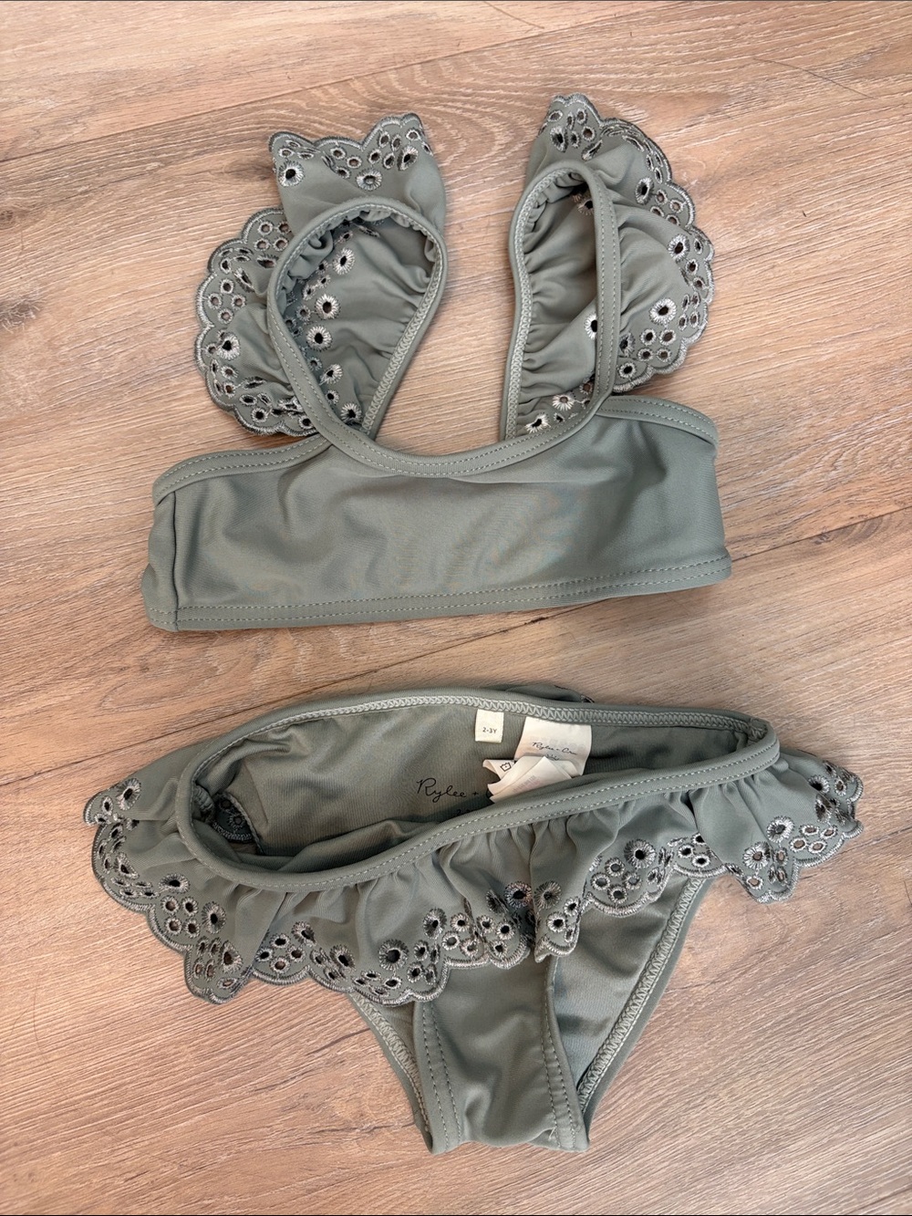 Rylee + Cru Girls Olive Green Eyelet Ruffle Bikini
